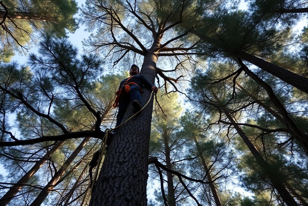 Tree Top Pros climber working high in a tree canopy